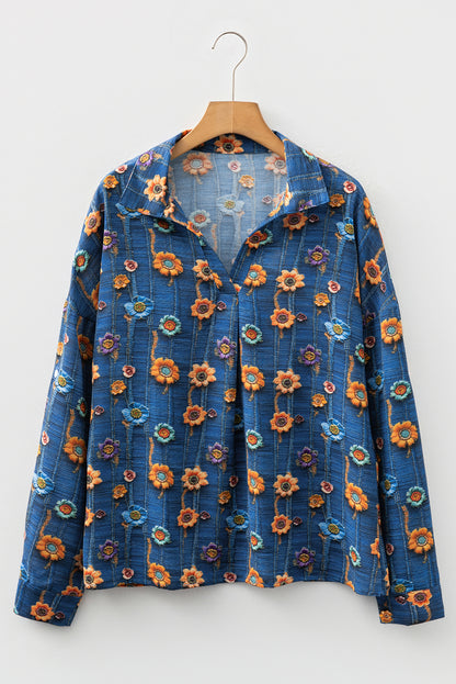 Blue Floral Collared V Neck Roll up Sleeve Shift Blouse