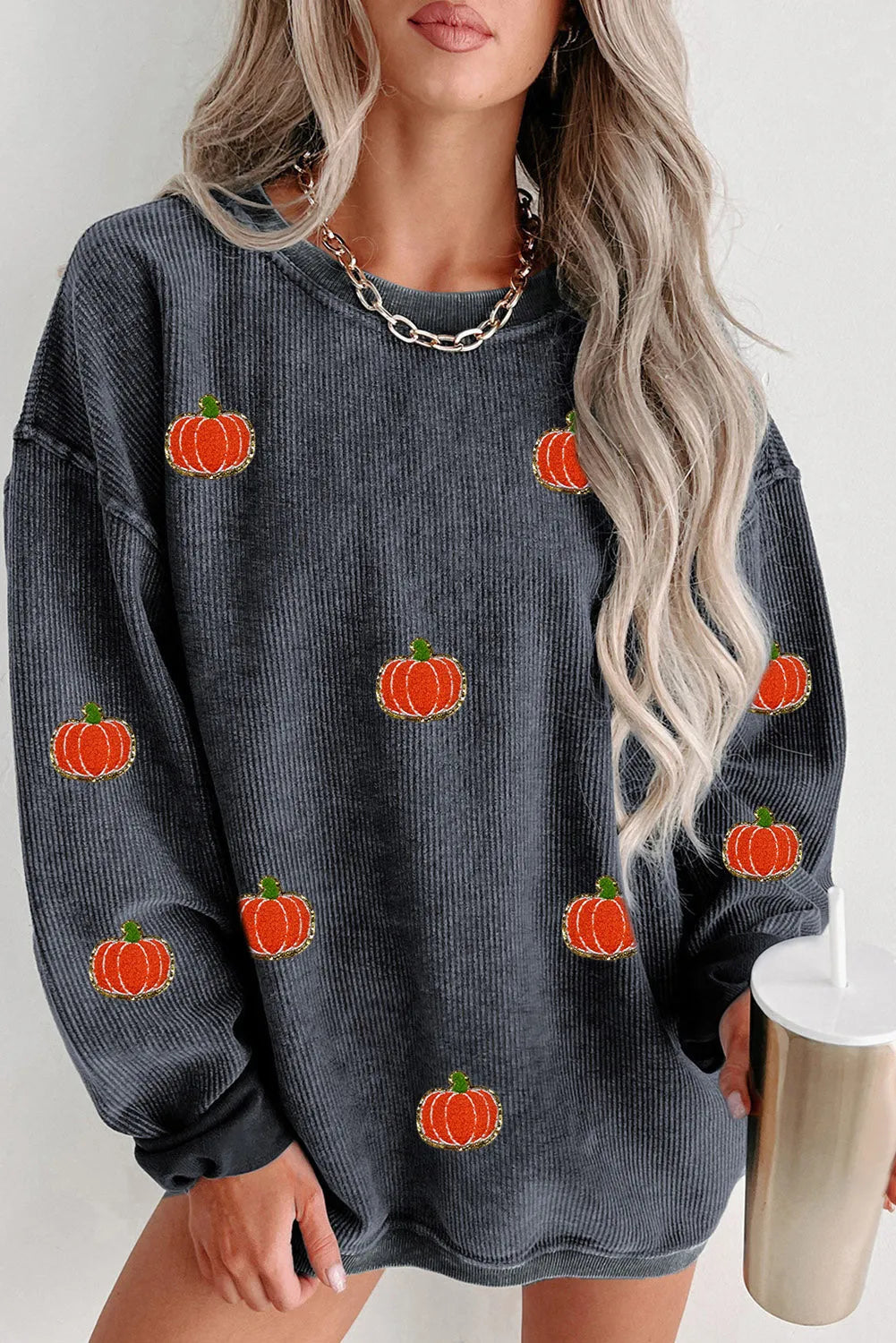 Gray Halloween Pumpkin Graphic Drop Shoulder Ribbed Sweatshirt - Chic Meadow Boutique 