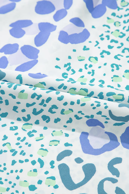 Sky Blue Leopard Contrast Bow Puff Sleeve Mini Dress