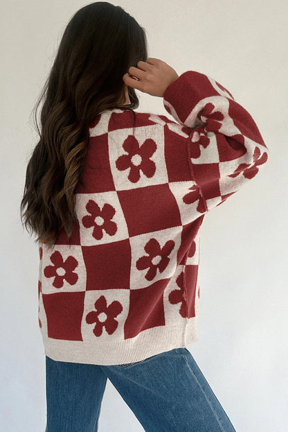 Red Dahlia Flower Plaid Henley Baggy Sweater