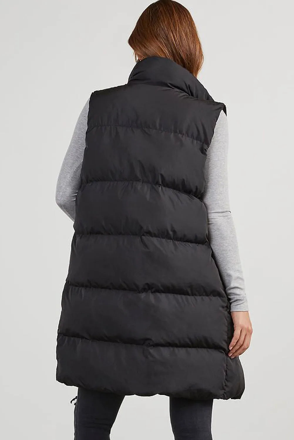 Black Windproof Longline Full Zipper Puffer Vest with Pockets - Chic Meadow Boutique 