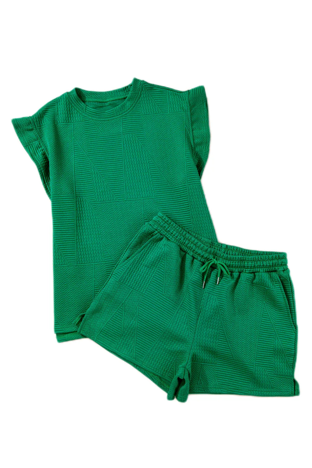 Dark Green Textured Ruffle Split Top and Drawstring Shorts - Chic Meadow Boutique 