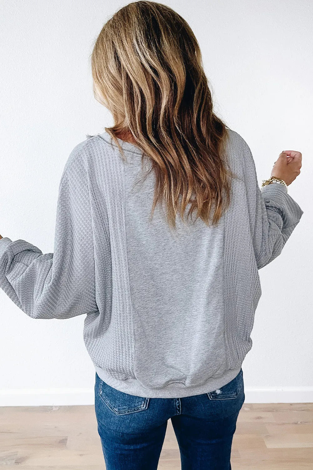 Light Grey Waffle Patchwork Long Sleeve Raw Hem Pullover Top - Chic Meadow Boutique 