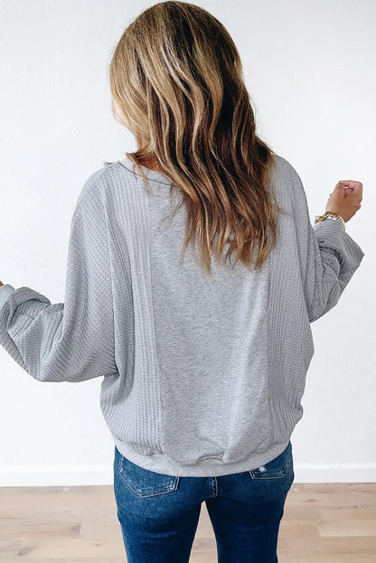 Light Grey Waffle Patchwork Long Sleeve Raw Hem Pullover Top - Chic Meadow Boutique 