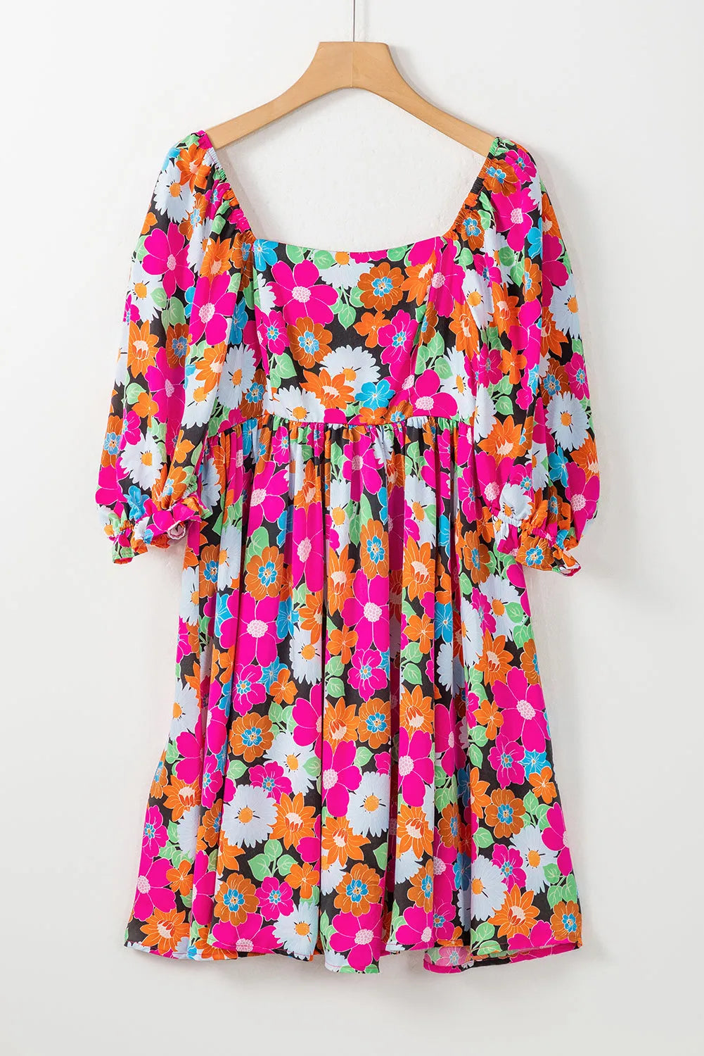 Rose Floral Print Square Neck Short Puff Sleeve Dress - Chic Meadow Boutique 