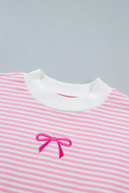Pink Stripe Bow Embroidered Bow Contrast High Neck Baggy Sweatshirt
