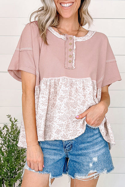 Pink Waffle Floral Patchwork Exposed Seam Detail Short Sleeve Top