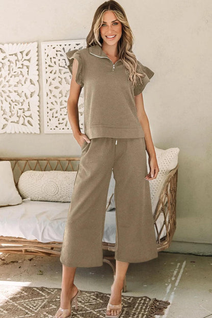 Two Piece Sets/Pant Sets Pale Khaki / S / 95%Polyester+5%Elastane Pale Khaki Textured Flutter Sleeve Top Wide Leg Pants Set