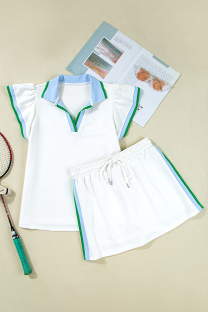 White Colorblock Edge Cap Sleeve Collared Top 2 Piece Skirt Set