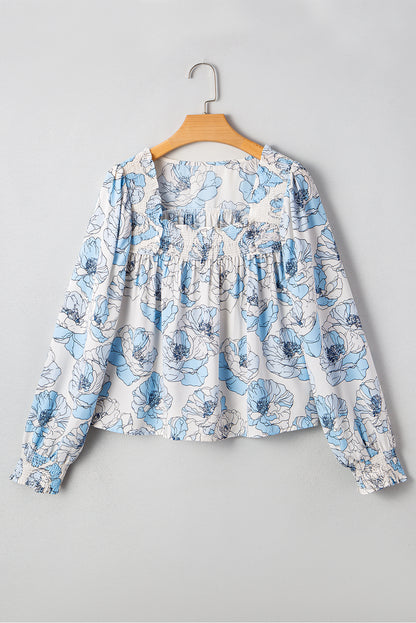 Sky Blue Floral Print Frilly Smocked Square Neck Long Sleeve Blouse