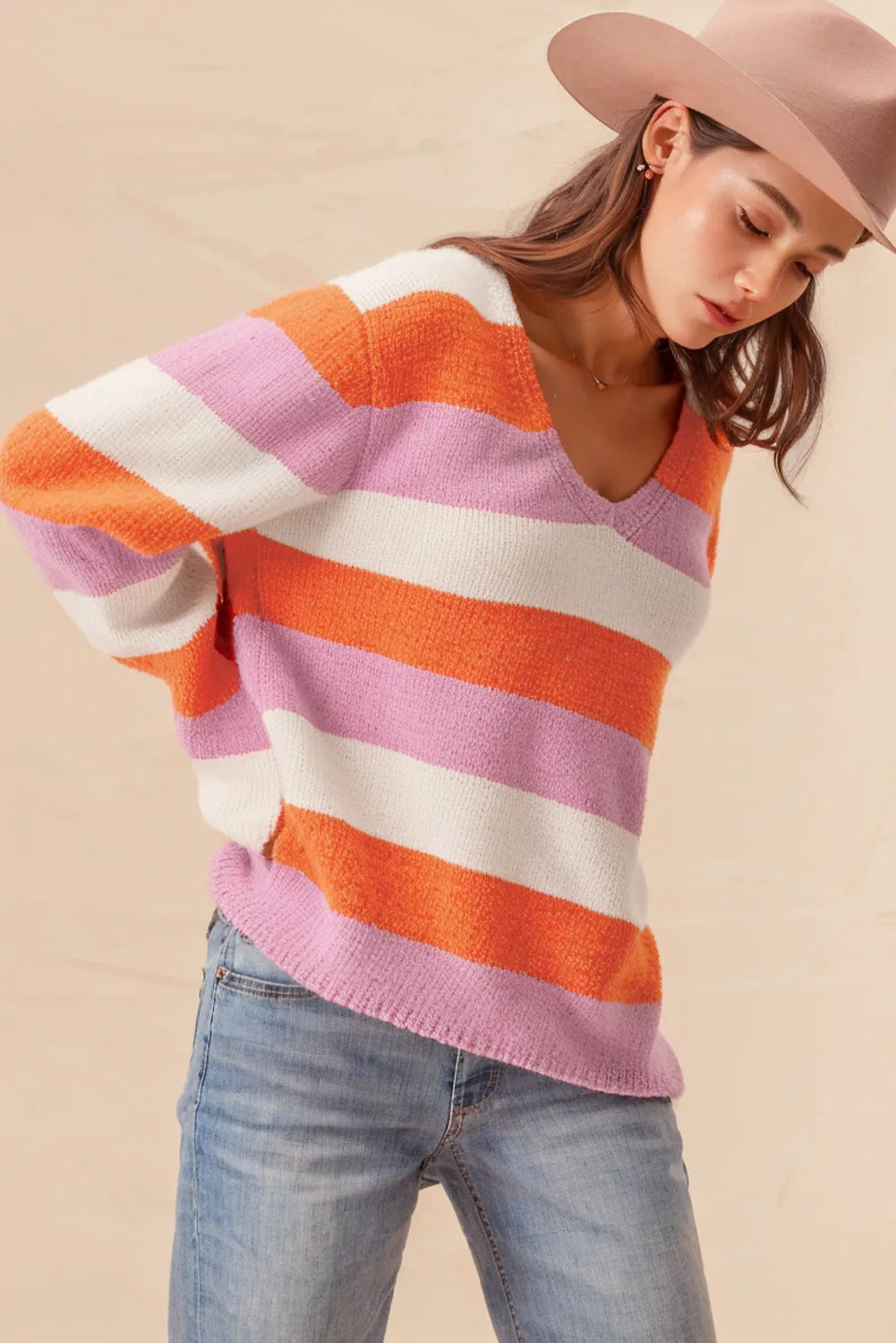 Orange Stripe Colorblock V Neck Casual Sweater - Chic Meadow Boutique 