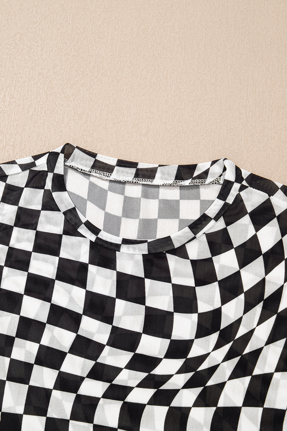 Black Checker Mesh Crew Neck T Shirt