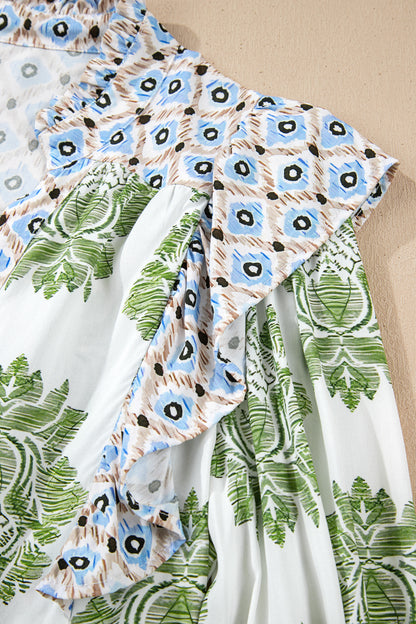 Green Floral Print Contrast Patchwork Ruffle Detail Mini Dress