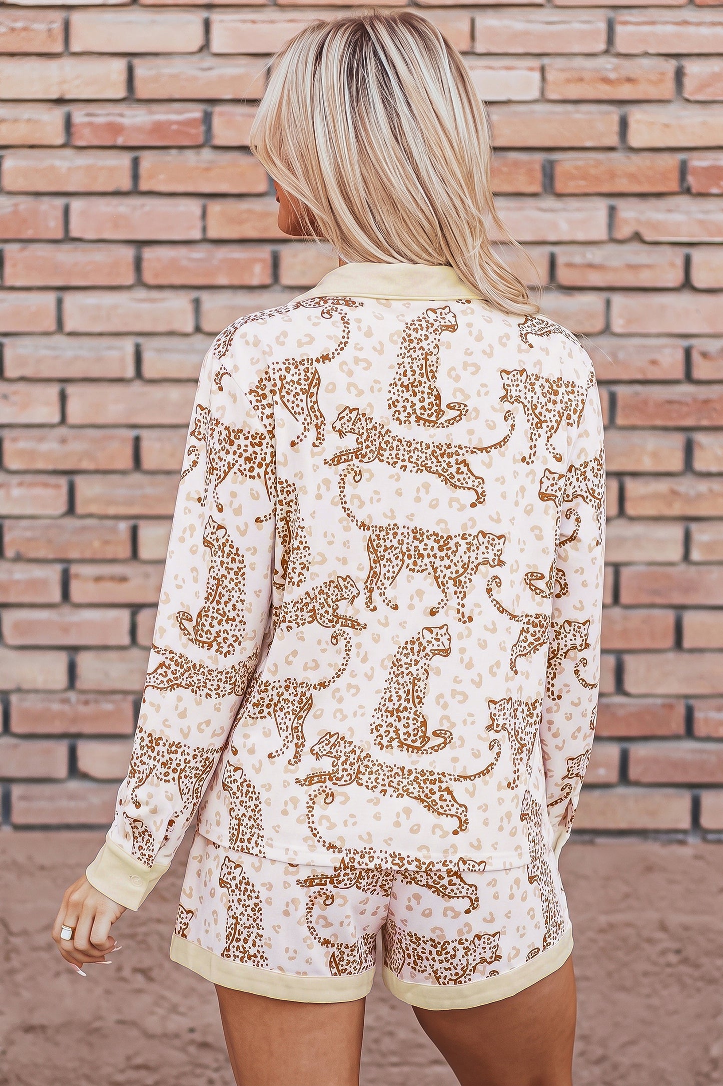 Yellow Leopard Print Colorblock Pocket Placket Long Sleeve Lounge Set