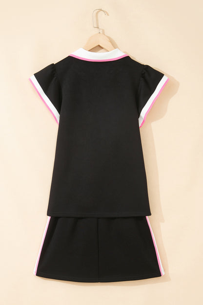 Black Preppy Striped Trim V Neck Polo Tee Drawstring Skirt Set