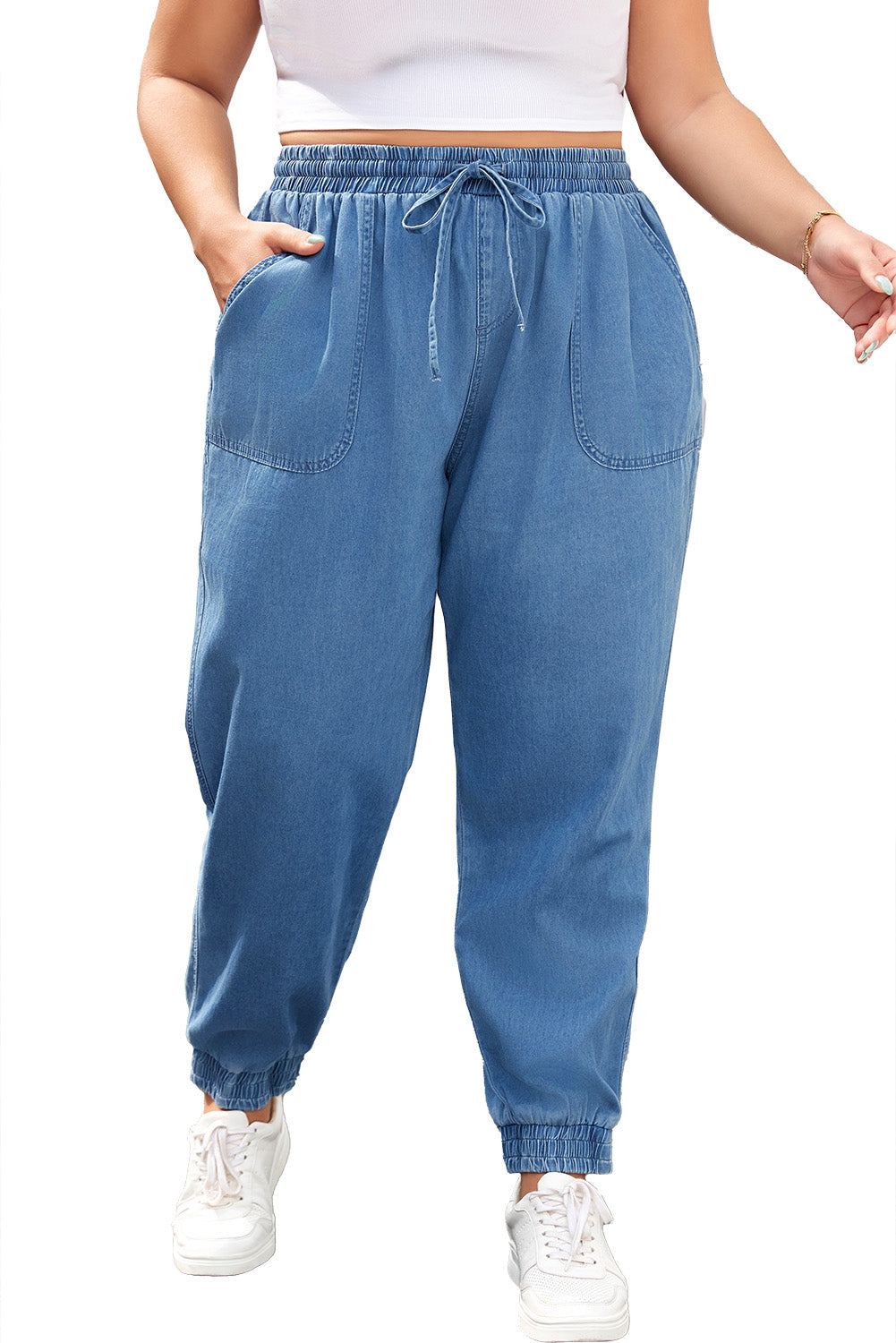 Dusk Blue Drawstring Waist Pocketed Plus Size Denim Joggers