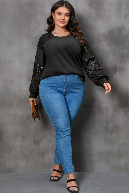 Black Plus Size Sequin Patchwork Crew Neck Long Sleeve Top - Chic Meadow Boutique 