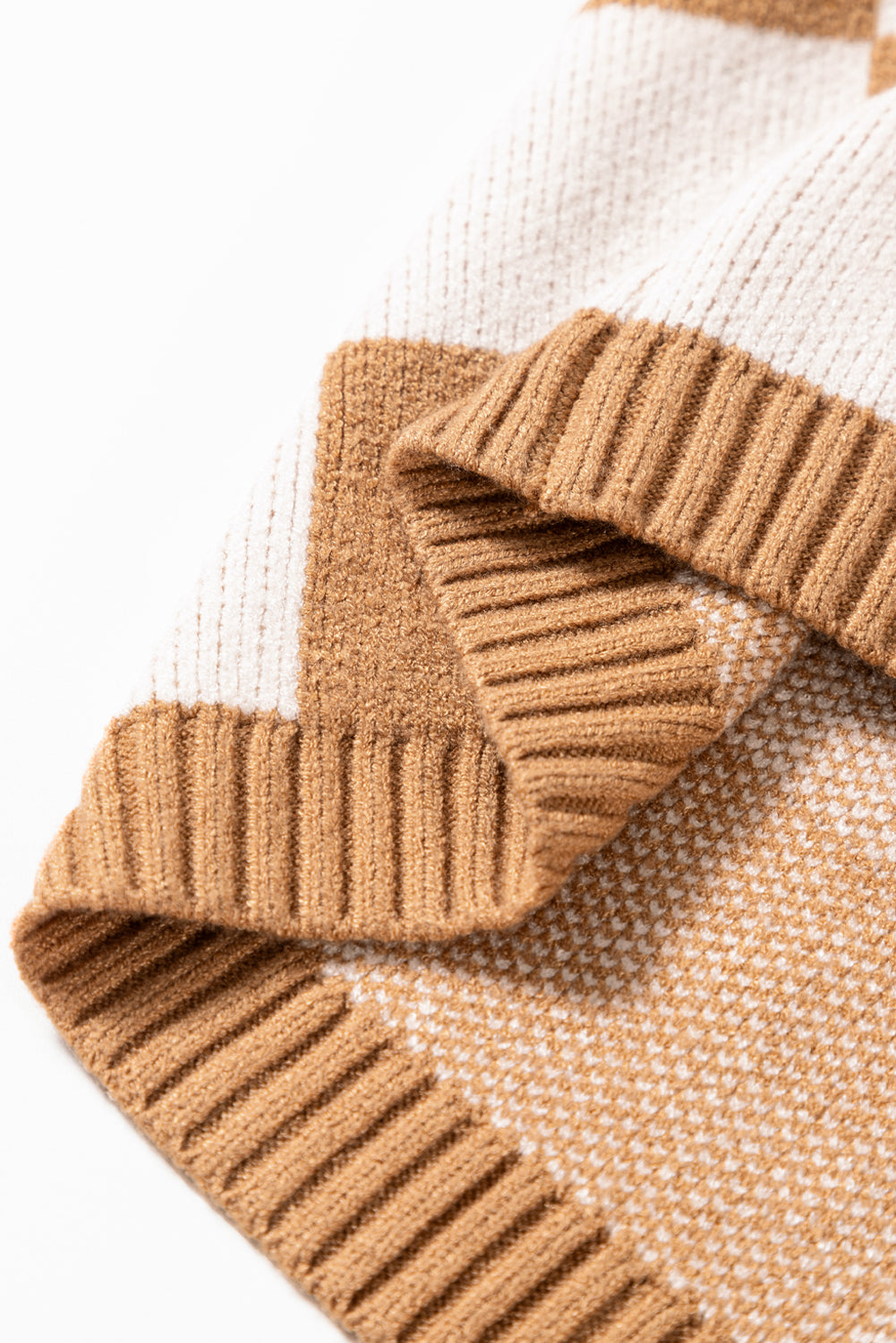 Light French Beige Colorblock Plaid Pattern Ribbed Trim Sweater Tank Top