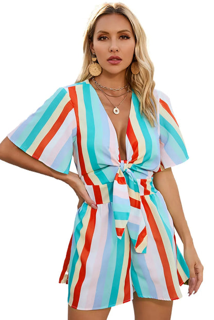 Multicolor Stripe Print Tie V Neck Flowy Romper - Chic Meadow Boutique 