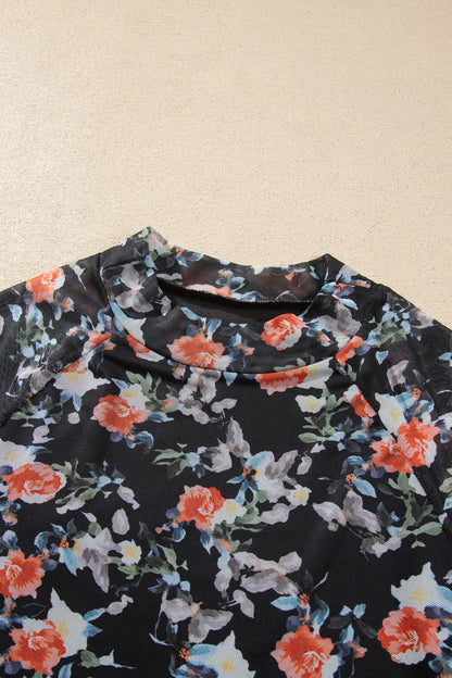 Black Floral Print Mesh Long Sleeve Stand Neck Pullover Top
