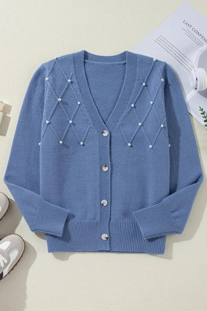 Sweaters & Cardigans/Cardigans Myosotis Textured Knit Pearl Beaded Button Up Cardigan