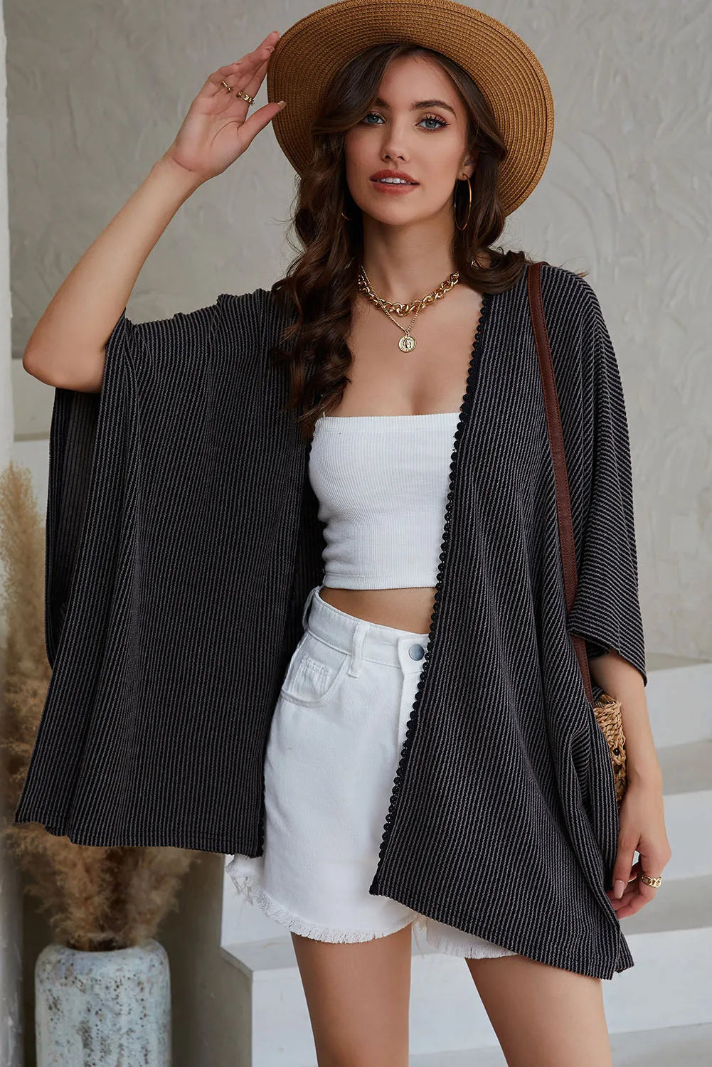 Black Lace Trim Ribbed Oversize Kimono - Chic Meadow Boutique 