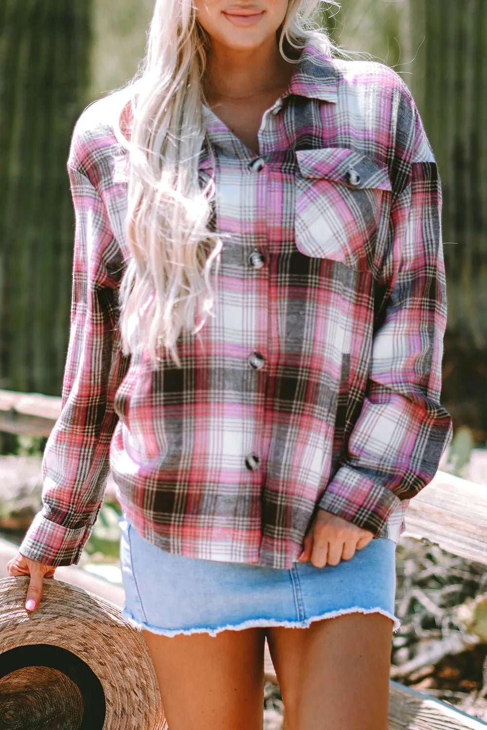 Pink Plaid Flap Pocket Button Up Shacket - Chic Meadow Boutique 