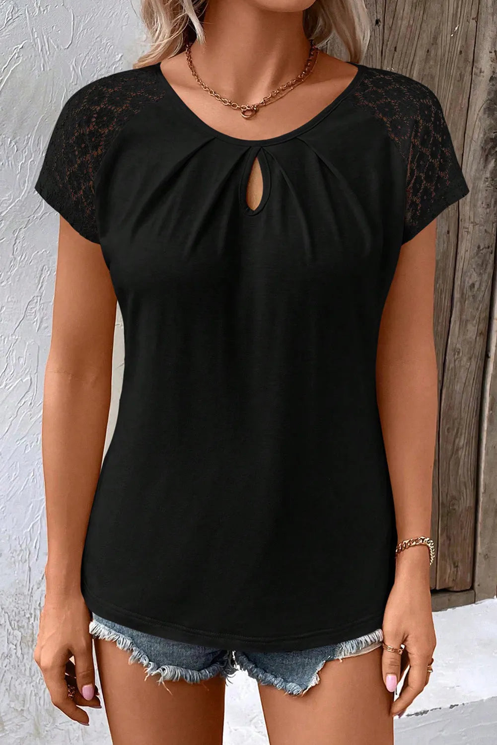 Black Contrast Lace Sleeve Keyhole Decor Top - Chic Meadow Boutique 