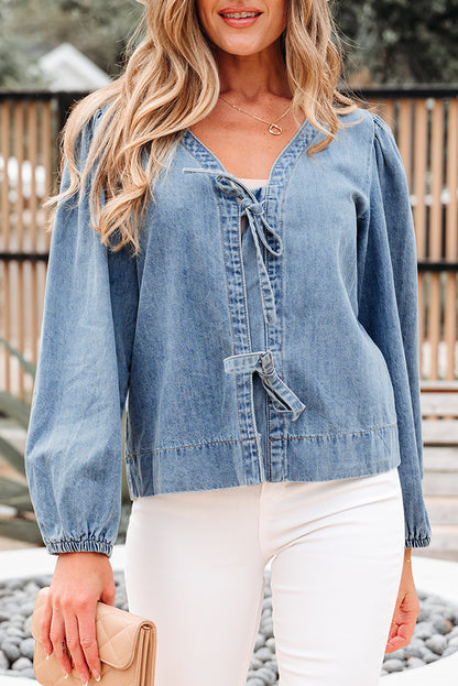 Dusk Blue Tied Front Long Puff Sleeve Denim Top