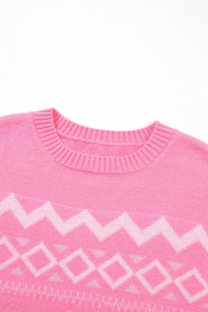 Pink Western Aztec Geometric Drop Shoulder Sweater - Chic Meadow Boutique 