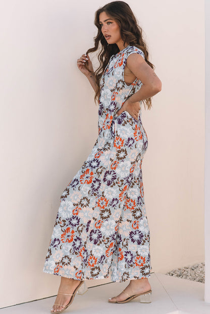 Sky Blue Floral Sleeveless Buttoned Pocketed Wide Leg Jumpsuit