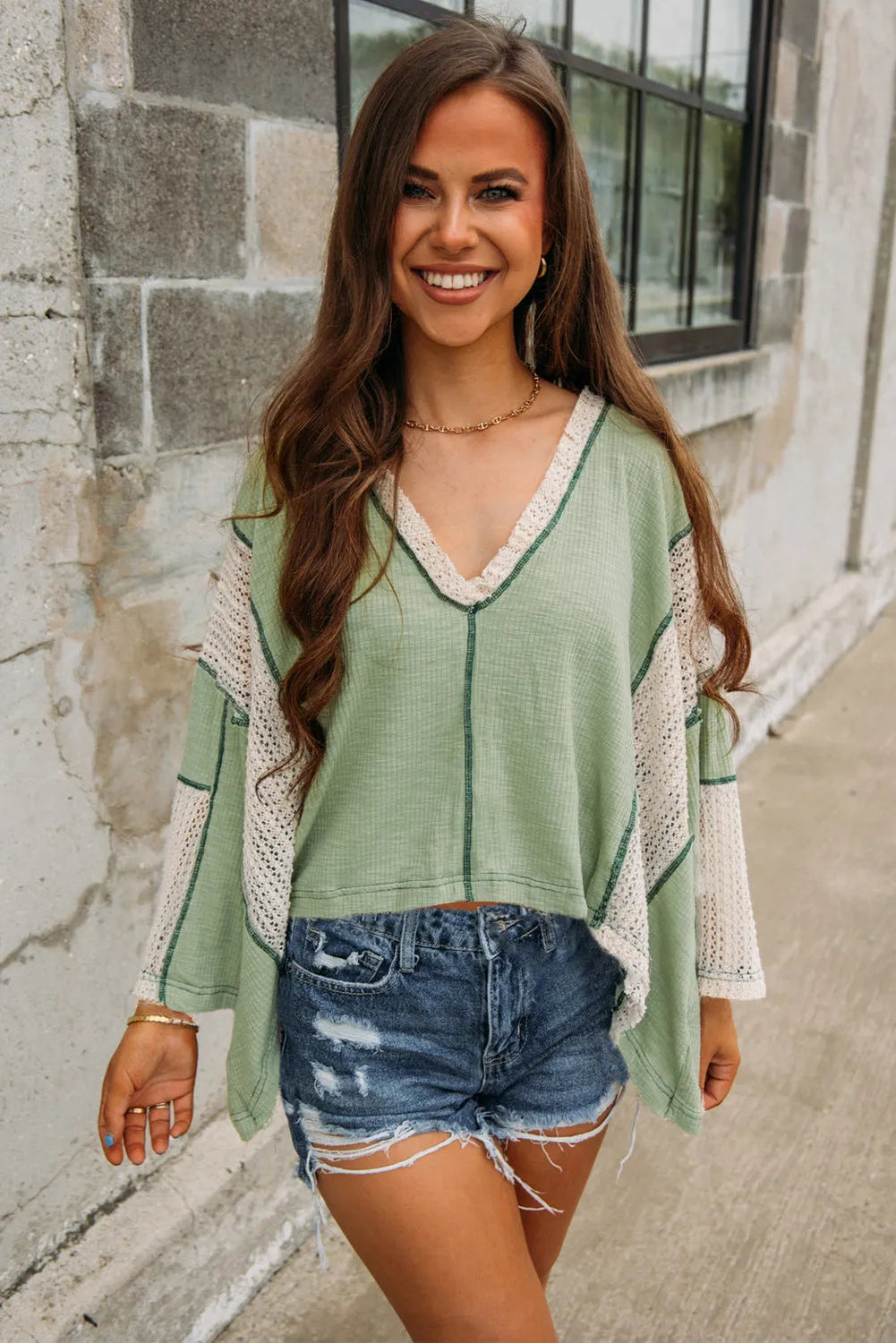 Grass Green Crochet Detail Exposed Seam High Low Loose Top - Chic Meadow Boutique 