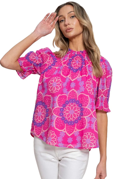 Rose Floral Print Frilled Neck Smocked Puff Sleeve Blouse - Chic Meadow Boutique 