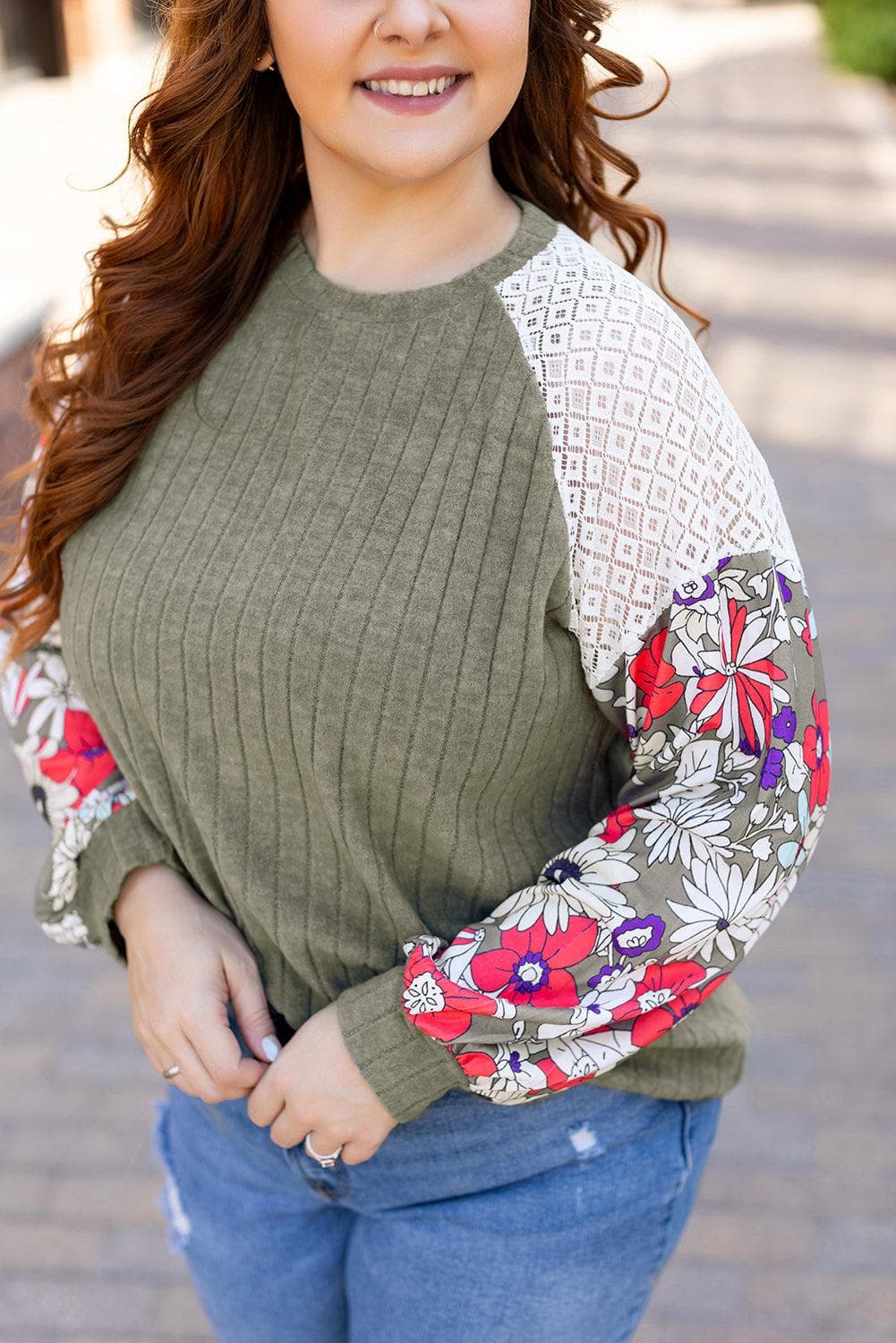 Plus Size/Plus Size Tops/Plus Size Blouses & Shirts Vineyard Green Plus Size Textured Floral Patchwork Raglan Sleeve Blouse