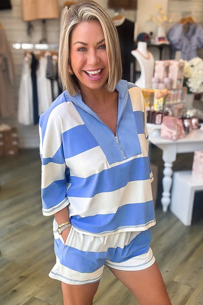 Sky Blue Stripe Seam Detail Half Zip Oversize Tee Casual Shorts 2pcs Set