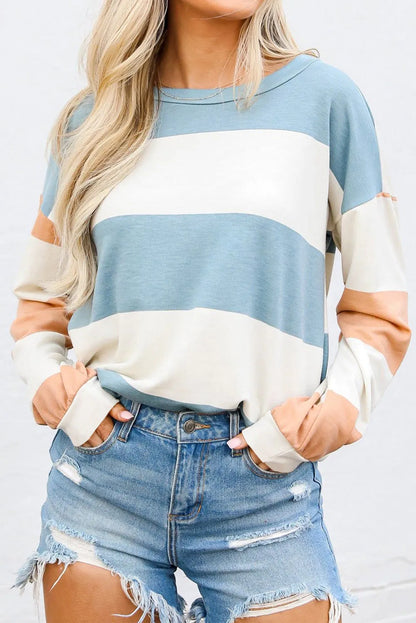 Light Blue Colorblock Striped Drop Shoulder Long Sleeve Top - Chic Meadow Boutique 