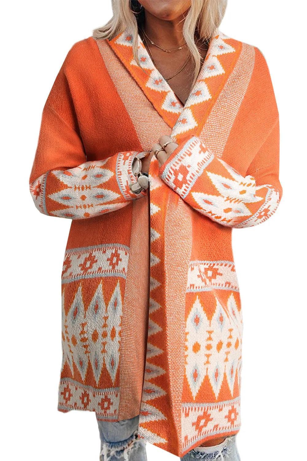 Tops/Sweaters & Cardigans Orange Printed Aztec Print Open Front Knitted Cardigan