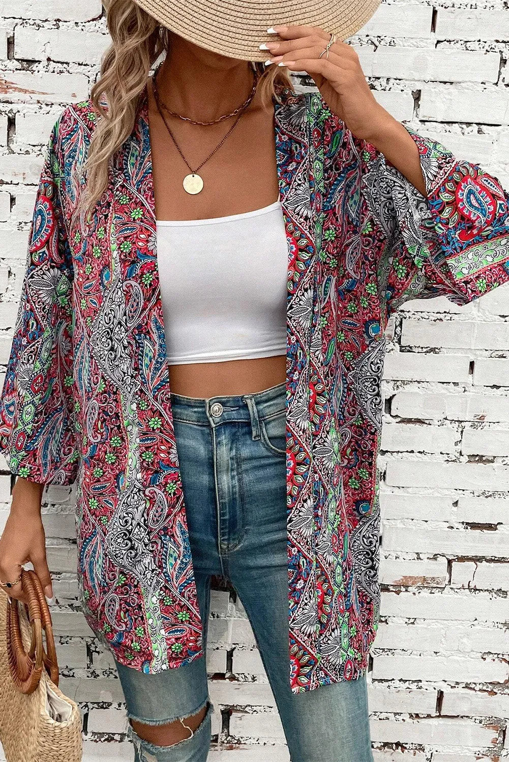 Red Paisley Print Open Front Kimono - Chic Meadow Boutique 