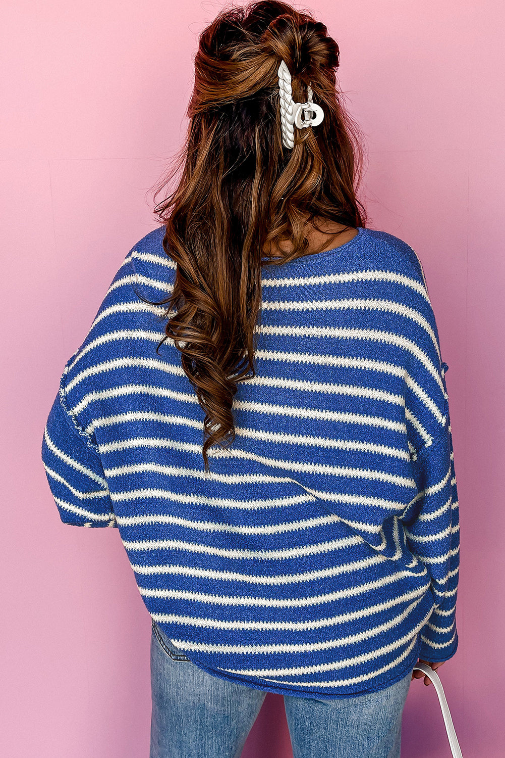 Sky Blue Stripe Drop Shoulder Casual Sweater - Chic Meadow Boutique 