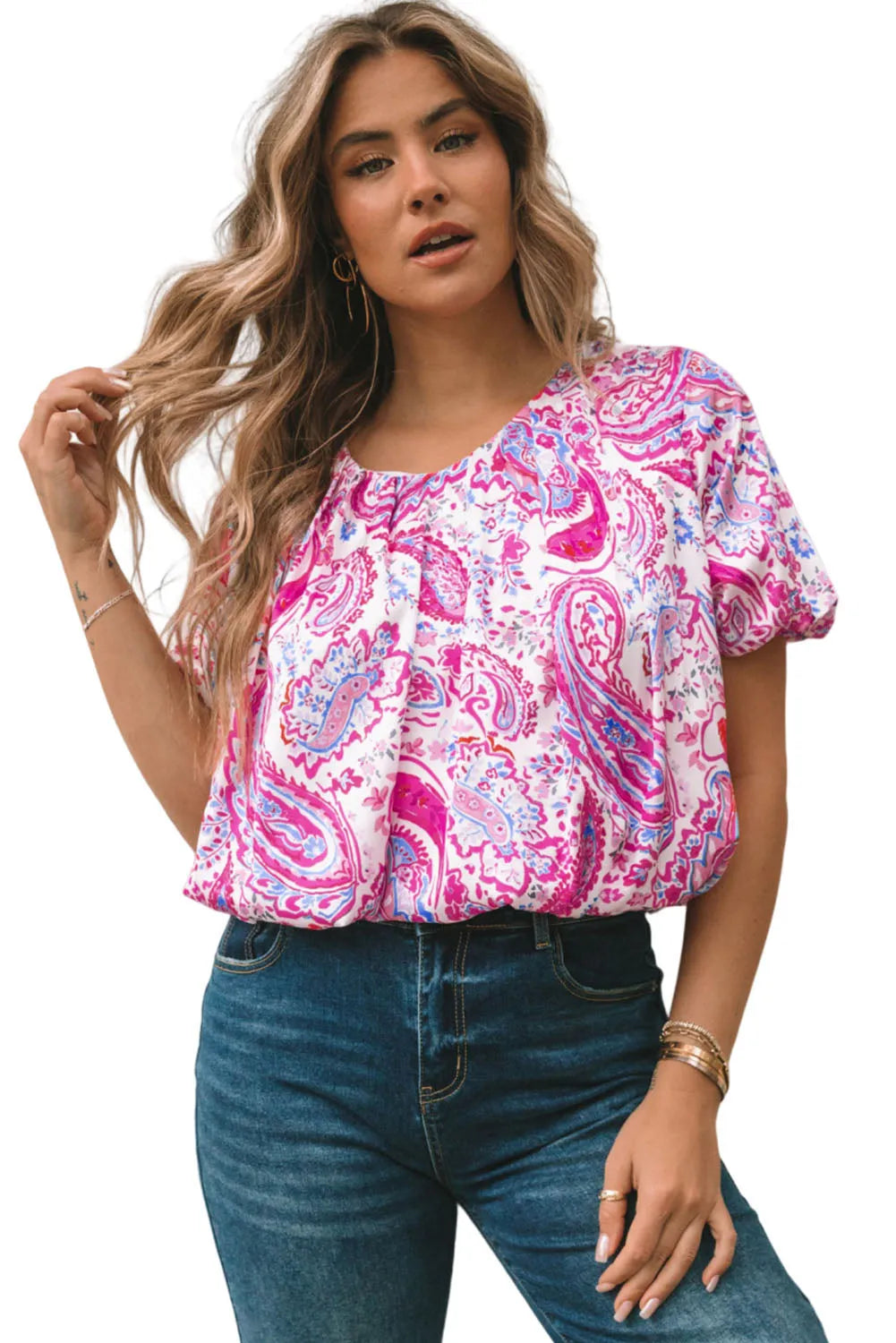 Paisley Pattern Print Puff Sleeve V Neck Blouse - Chic Meadow Boutique 