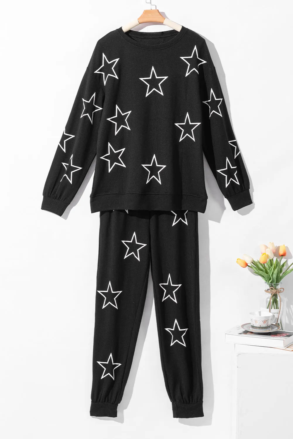 Black Stars Print Long Sleeve Drawstring High Waist Lounge Set - Chic Meadow Boutique 