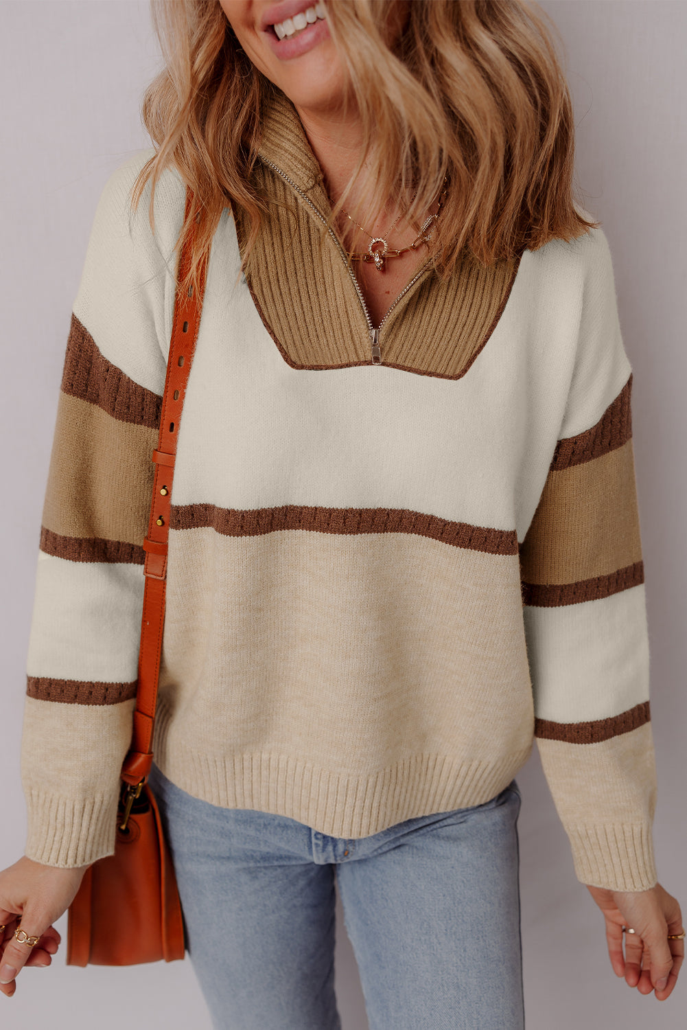 Parchment Colorblock Zipped Collared Pullover Sweater