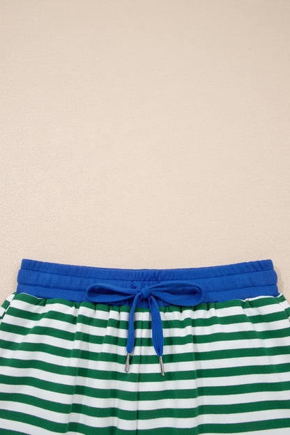 Green Stripe Drop Shoulder Boxy Casual Terry Short Set