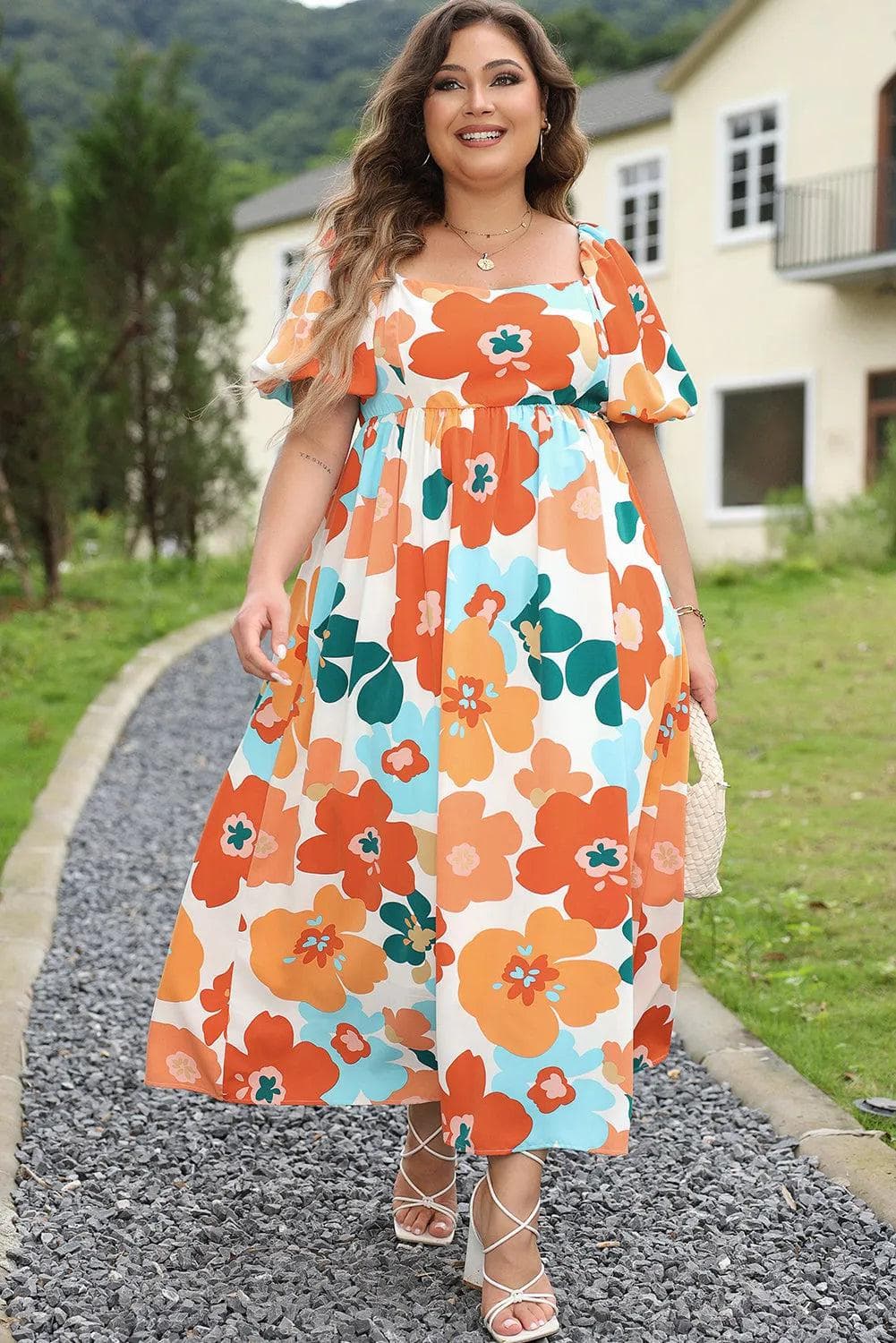 Plus Size/Plus Size Dresses/Plus Size Maxi Dresses Orange / 1X / 100%Polyester Orange Plus Size Flower Print Shirred Square Neck Maxi Dress