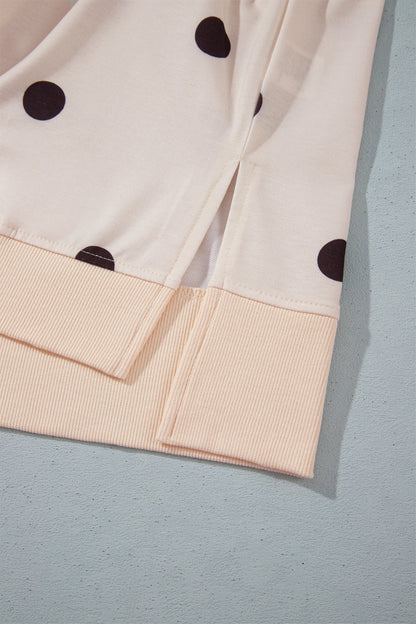 Beige Round Neck Long Sleeve Polka Dot Plus Size Top