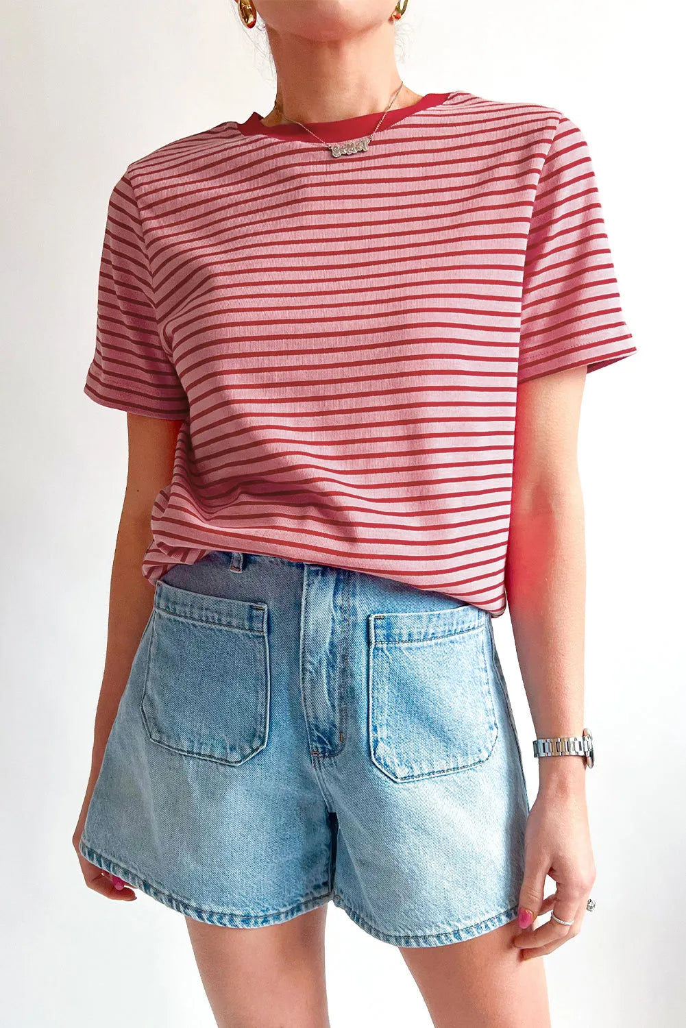 Pink Stripe Crew Neck Casual T Shirt - Chic Meadow Boutique 