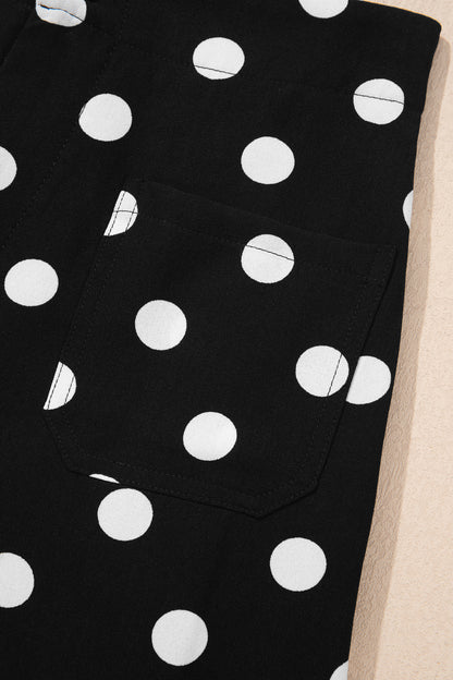Black Polka Dot Print Patched Pocket Mid-rise Straight Leg Pants