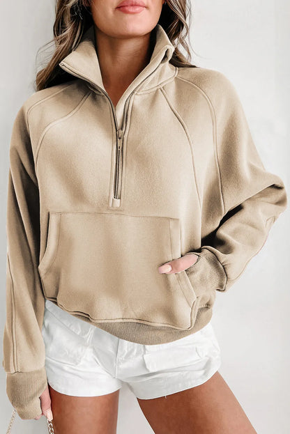 Parchment Fleece Lined Zip Up Stand Collar Thumbhole Sleeve Sweatshirt - Chic Meadow Boutique 