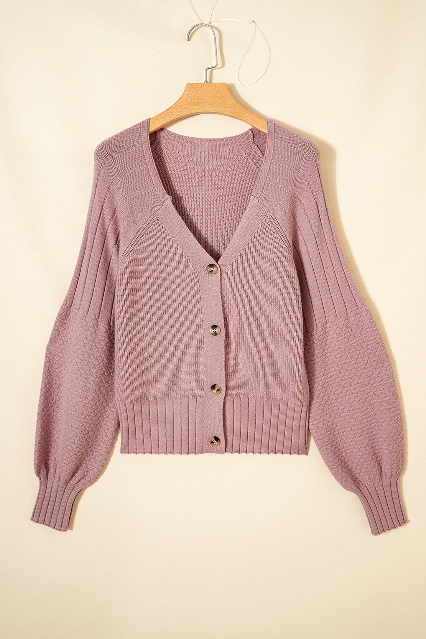 Light Pink Mixed Texture Knit Button V Neck Sweater Cardigan