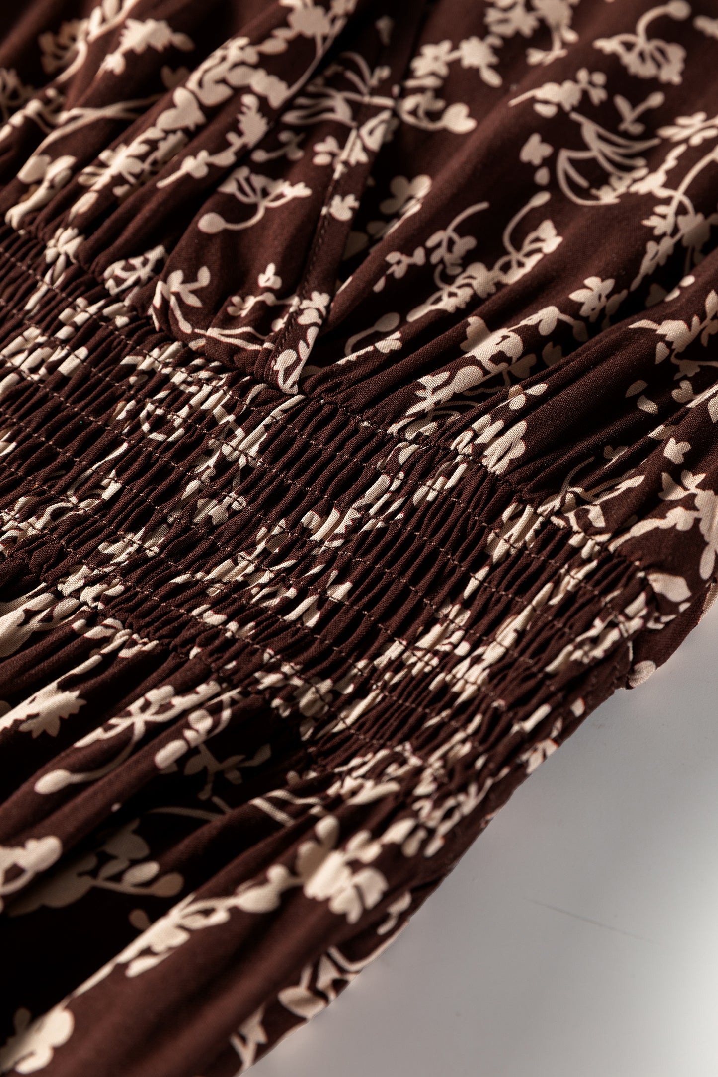 Brown Ditsy Floral Print Split Neck Long Sleeve Shirred Waist Flared Mini Dress